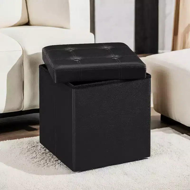 SONGMICS Pouf de rangement pliable de 38 cm, Repose-pieds cubique, Table basse avec poignées à trous, Similicuir