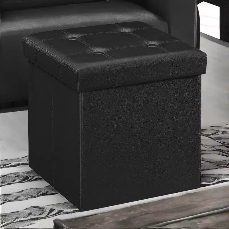 SONGMICS Pouf de rangement pliable de 38 cm, Repose-pieds cubique, Table basse avec poignées à trous, Similicuir