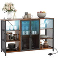 HOMCOM Wine Cabinet with Charging Station and LED Lights, Bar Cabinet with Glass Holders, Mesh Doors, Adjustable Shelf and 6 Open Compartments, Brown