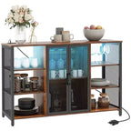 HOMCOM Wine Cabinet with Charging Station and LED Lights, Bar Cabinet with Glass Holders, Mesh Doors, Adjustable Shelf and 6 Open Compartments, Brown