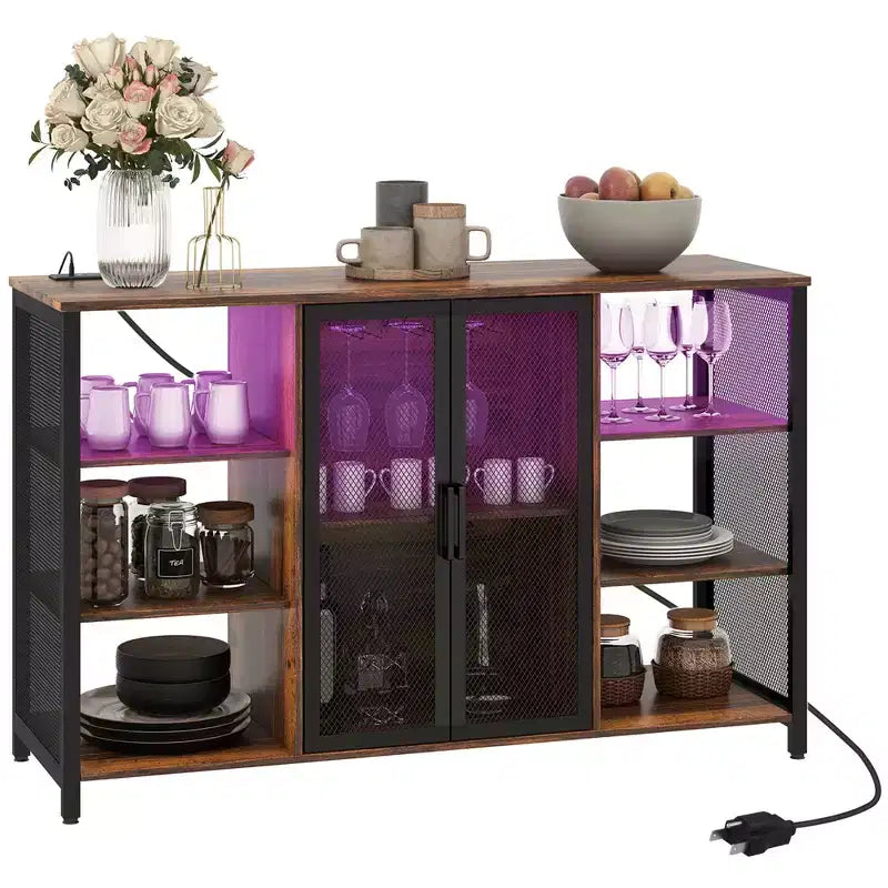 HOMCOM Wine Cabinet with Charging Station and LED Lights, Bar Cabinet with Glass Holders, Mesh Doors, Adjustable Shelf and 6 Open Compartments, Brown