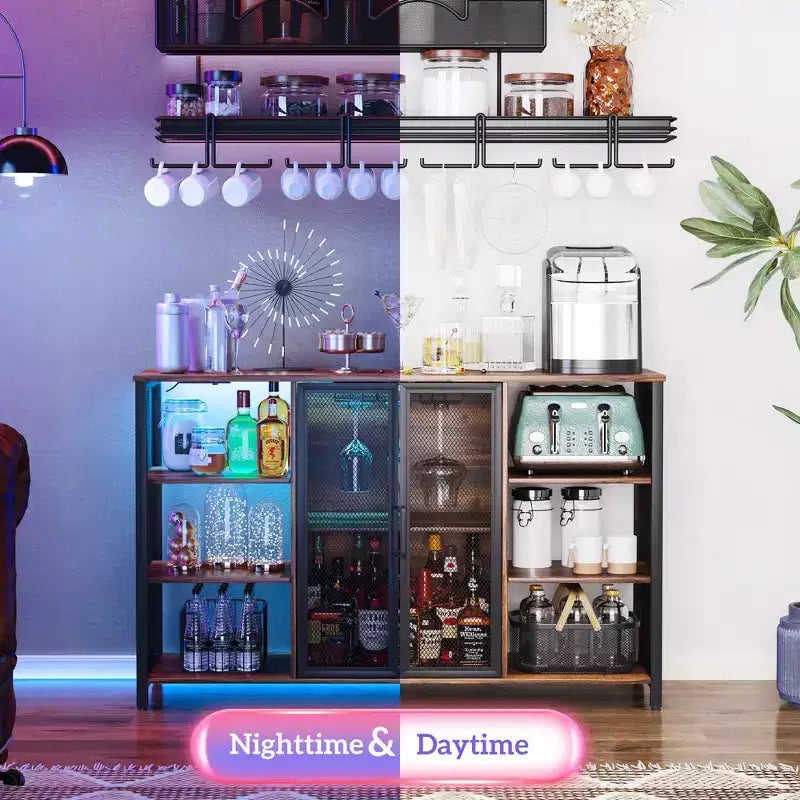 HOMCOM Wine Cabinet with Charging Station and LED Lights, Bar Cabinet with Glass Holders, Mesh Doors, Adjustable Shelf and 6 Open Compartments, Brown