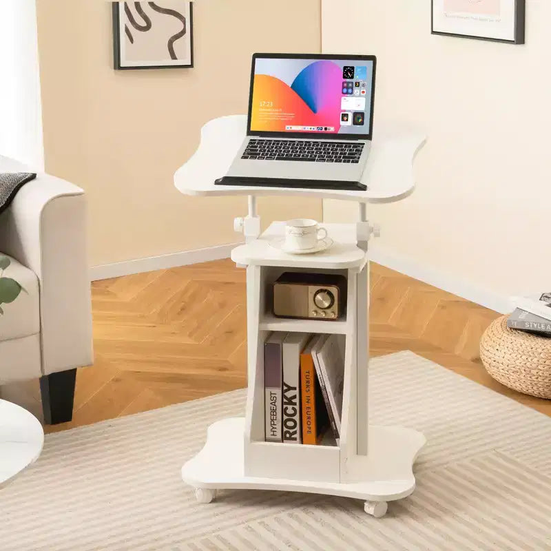 Costway Pupitre mobile réglable en hauteur Chariot pour ordinateur portable avec compartiments de rangement Pupitre roulant avec roulettes verrouillables pour salle de classe, bureau, blanc