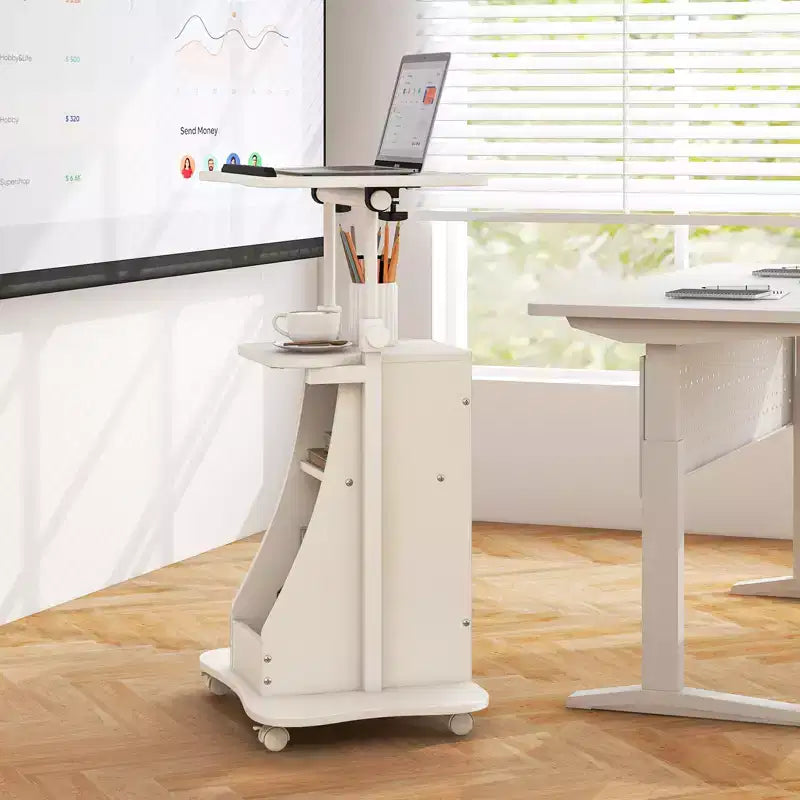 Costway Pupitre mobile réglable en hauteur Chariot pour ordinateur portable avec compartiments de rangement Pupitre roulant avec roulettes verrouillables pour salle de classe, bureau, blanc