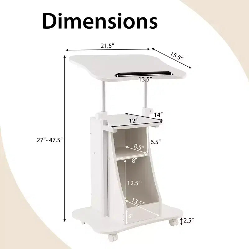 Costway Pupitre mobile réglable en hauteur Chariot pour ordinateur portable avec compartiments de rangement Pupitre roulant avec roulettes verrouillables pour salle de classe, bureau, blanc