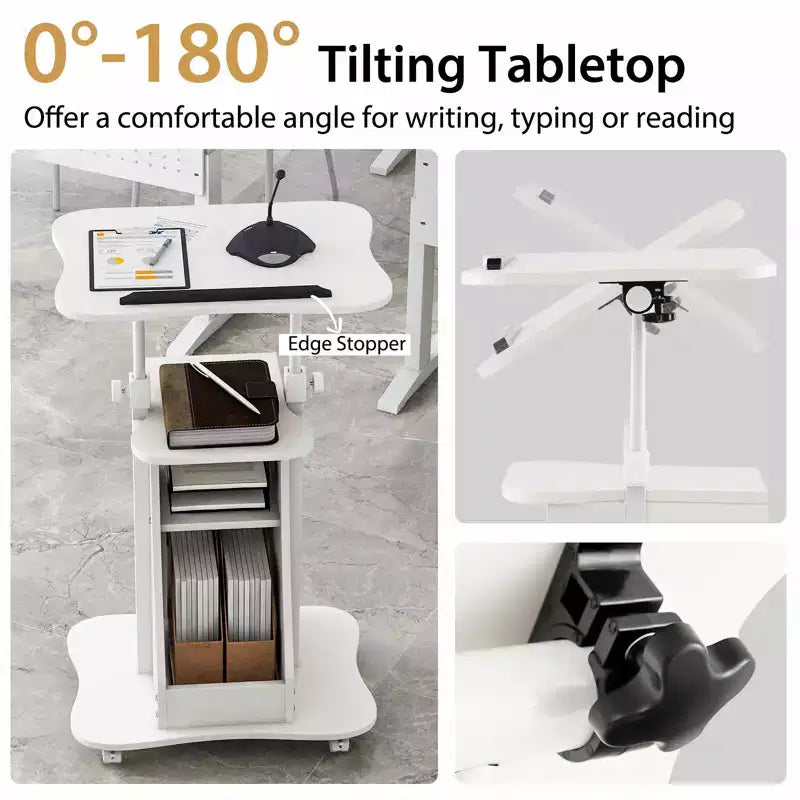 Costway Pupitre mobile réglable en hauteur Chariot pour ordinateur portable avec compartiments de rangement Pupitre roulant avec roulettes verrouillables pour salle de classe, bureau, blanc