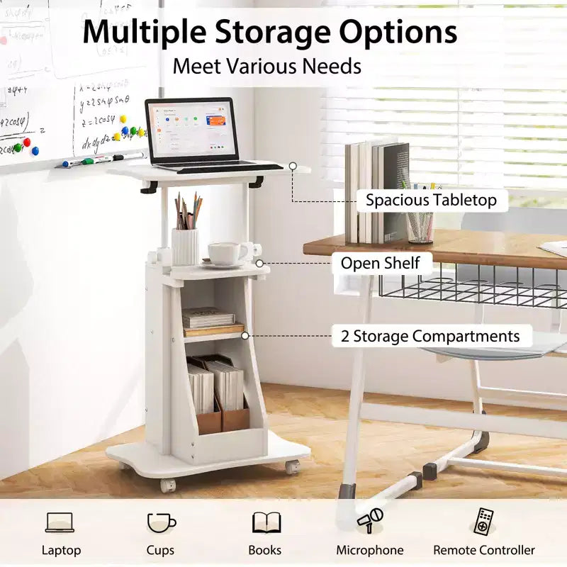 Costway Pupitre mobile réglable en hauteur Chariot pour ordinateur portable avec compartiments de rangement Pupitre roulant avec roulettes verrouillables pour salle de classe, bureau, blanc