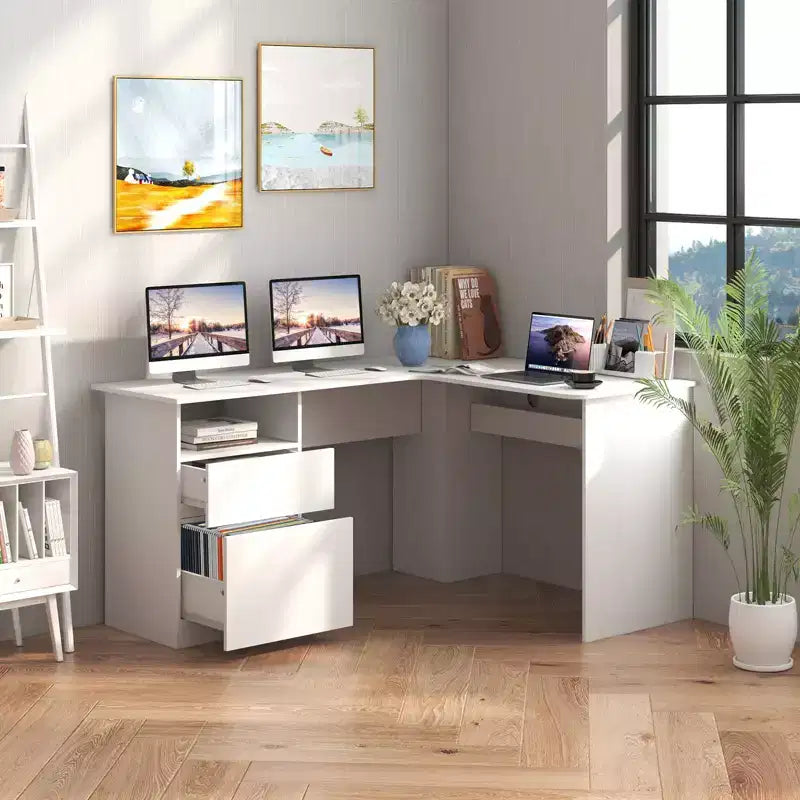 Costway Bureau d'angle en forme de L 150 cm avec compartiment ouvert et 2 trous passe-câbles Noyer/Blanc