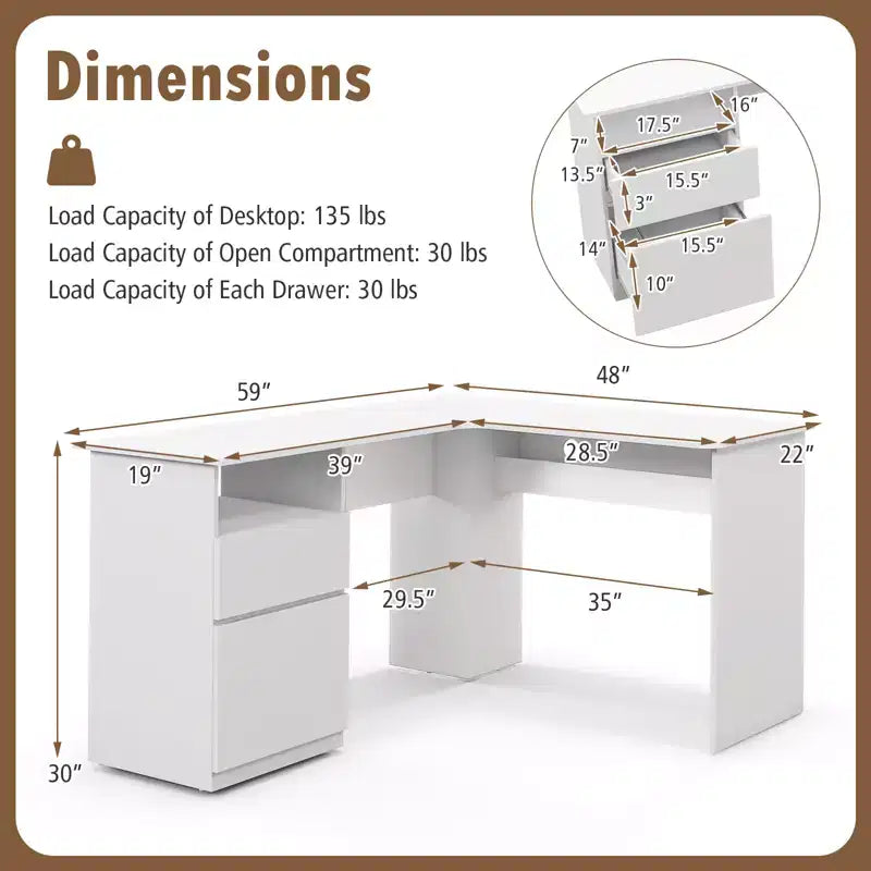 Costway Bureau d'angle en forme de L 150 cm avec compartiment ouvert et 2 trous passe-câbles Noyer/Blanc