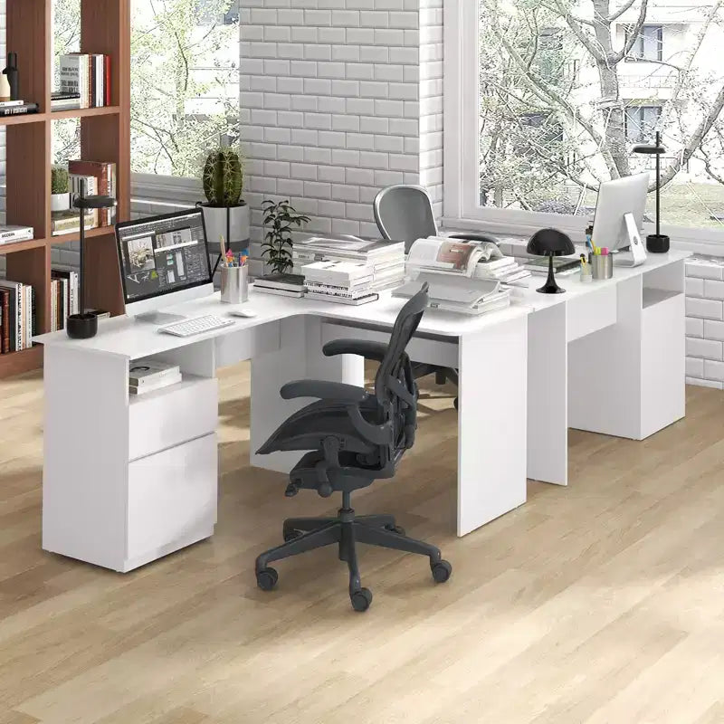 Costway Bureau d'angle en forme de L 150 cm avec compartiment ouvert et 2 trous passe-câbles Noyer/Blanc