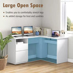 Costway Bureau d'angle en forme de L 150 cm avec compartiment ouvert et 2 trous passe-câbles Noyer/Blanc