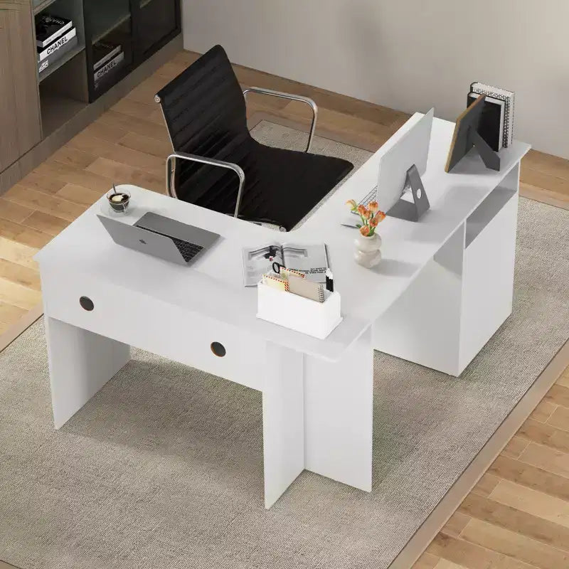 Costway Bureau d'angle en forme de L 150 cm avec compartiment ouvert et 2 trous passe-câbles Noyer/Blanc