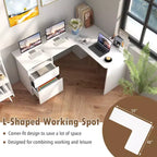Costway Bureau d'angle en forme de L 150 cm avec compartiment ouvert et 2 trous passe-câbles Noyer/Blanc