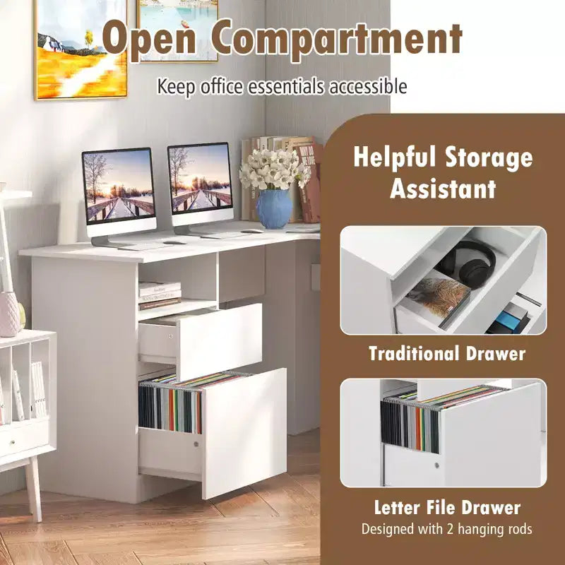 Costway Bureau d'angle en forme de L 150 cm avec compartiment ouvert et 2 trous passe-câbles Noyer/Blanc