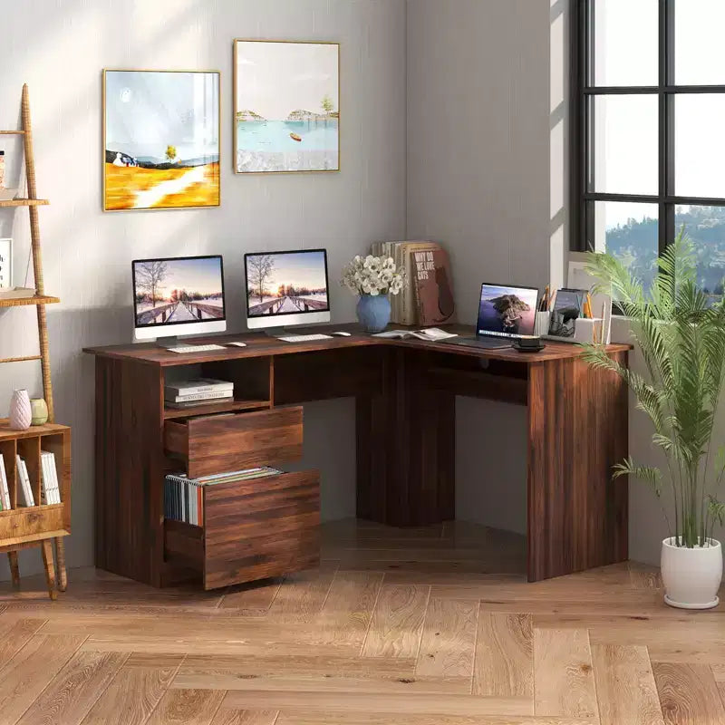 Costway Bureau d'angle en forme de L 150 cm avec compartiment ouvert et 2 trous passe-câbles Noyer/Blanc