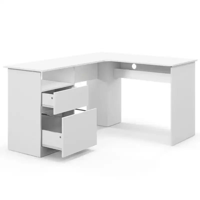 Costway Bureau d'angle en forme de L 150 cm avec compartiment ouvert et 2 trous passe-câbles Noyer/Blanc