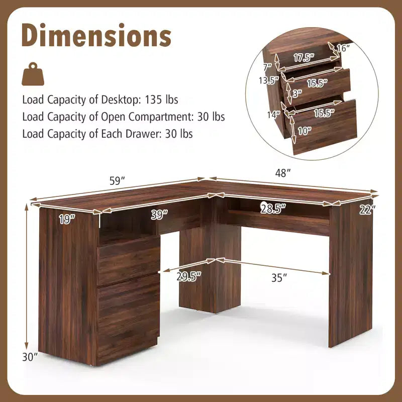 Costway Bureau d'angle en forme de L 150 cm avec compartiment ouvert et 2 trous passe-câbles Noyer/Blanc