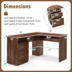 Costway Bureau d'angle en forme de L 150 cm avec compartiment ouvert et 2 trous passe-câbles Noyer/Blanc