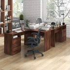 Costway Bureau d'angle en forme de L 150 cm avec compartiment ouvert et 2 trous passe-câbles Noyer/Blanc