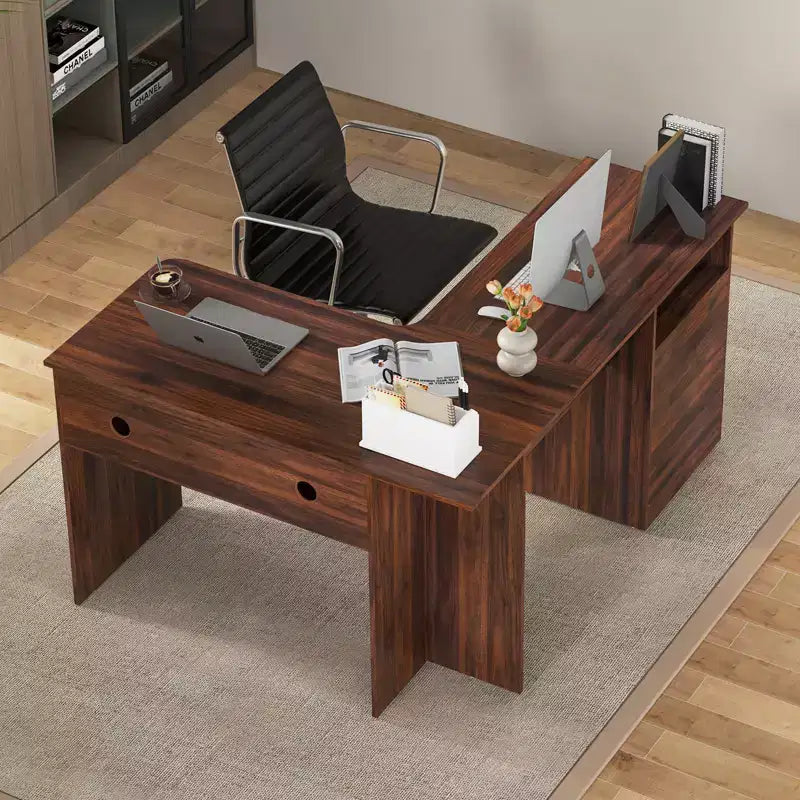 Costway Bureau d'angle en forme de L 150 cm avec compartiment ouvert et 2 trous passe-câbles Noyer/Blanc