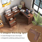 Costway Bureau d'angle en forme de L 150 cm avec compartiment ouvert et 2 trous passe-câbles Noyer/Blanc