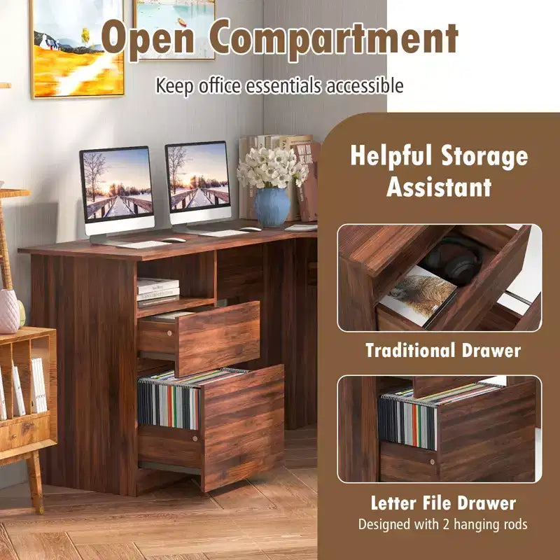 Costway Bureau d'angle en forme de L 150 cm avec compartiment ouvert et 2 trous passe-câbles Noyer/Blanc