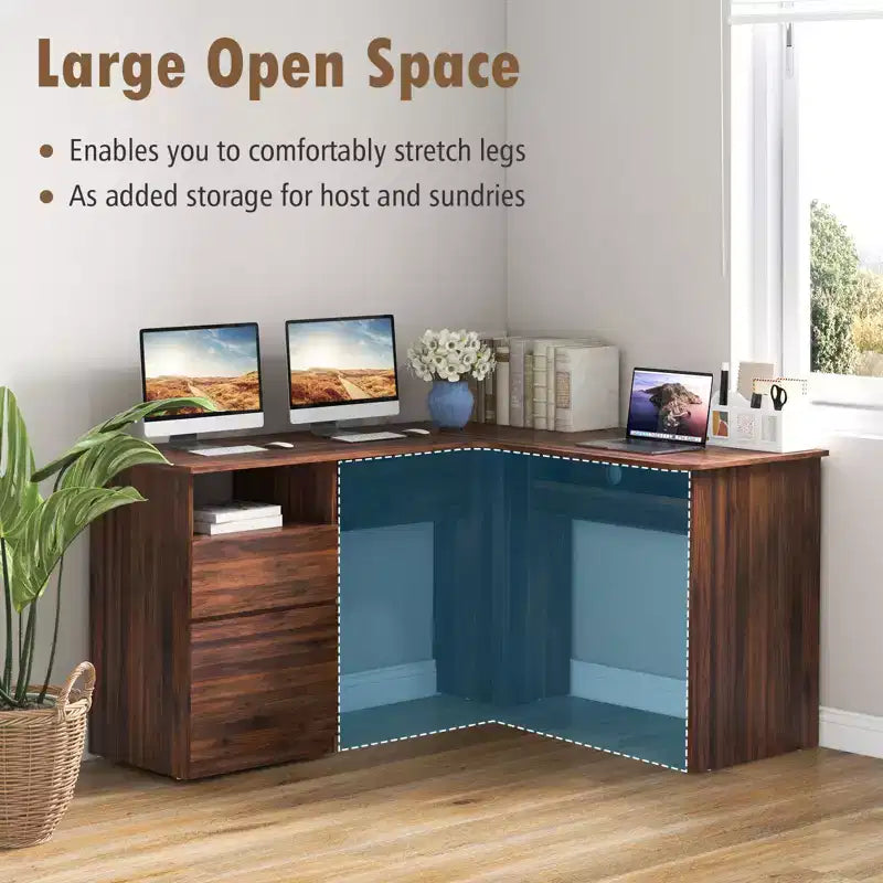 Costway Bureau d'angle en forme de L 150 cm avec compartiment ouvert et 2 trous passe-câbles Noyer/Blanc