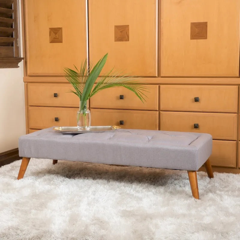Tufted Fabric Ottoman Bench with Wooden Legs