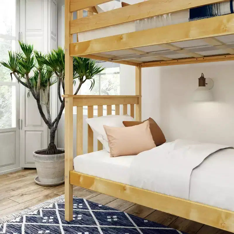 Lit superposé jumeau en bois massif Planche+Poutre avec échelle pour adultes, sans sommier tapissier requis
