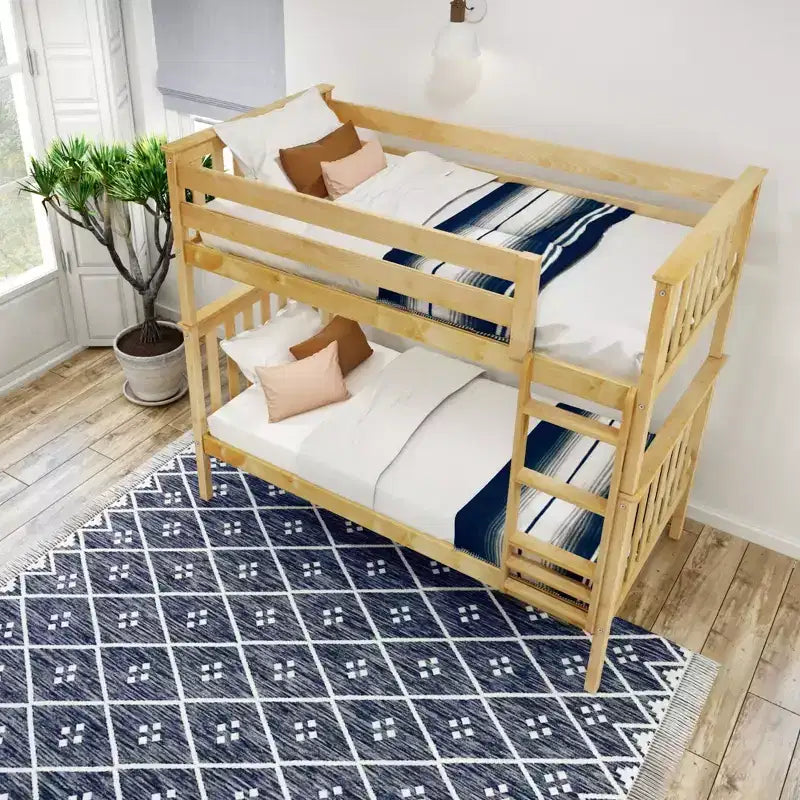 Lit superposé jumeau en bois massif Planche+Poutre avec échelle pour adultes, sans sommier tapissier requis