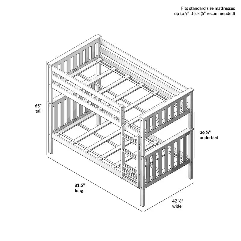 Lit superposé jumeau en bois massif Planche+Poutre avec échelle pour adultes, sans sommier tapissier requis