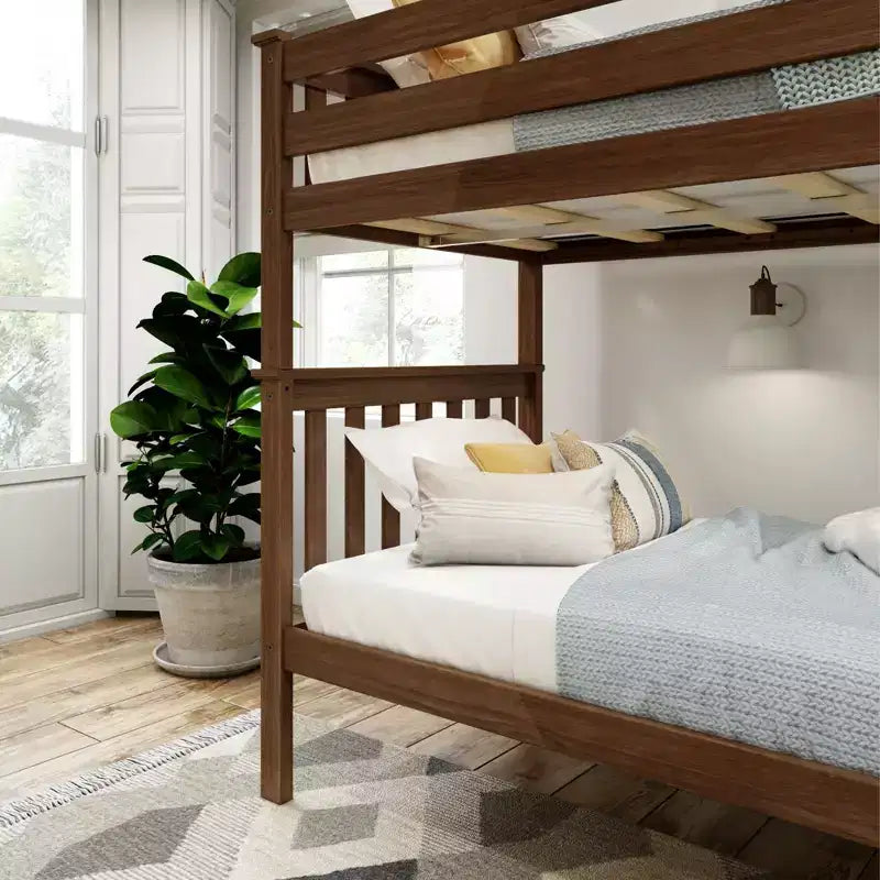 Lit superposé jumeau en bois massif Planche+Poutre avec échelle pour adultes, sans sommier tapissier requis