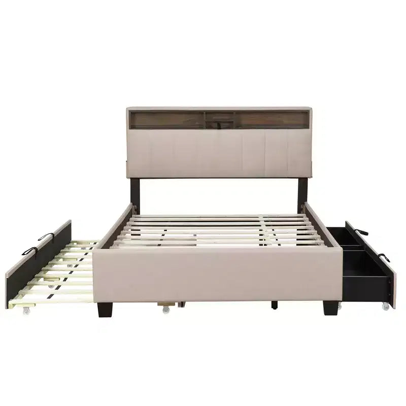 Lit plateforme capitonné pleine/grand lit avec tête de lit de rangement, lit gigogne simple, 2 tiroirs et prises de courant et ports USB, 4L - ModernLuxe