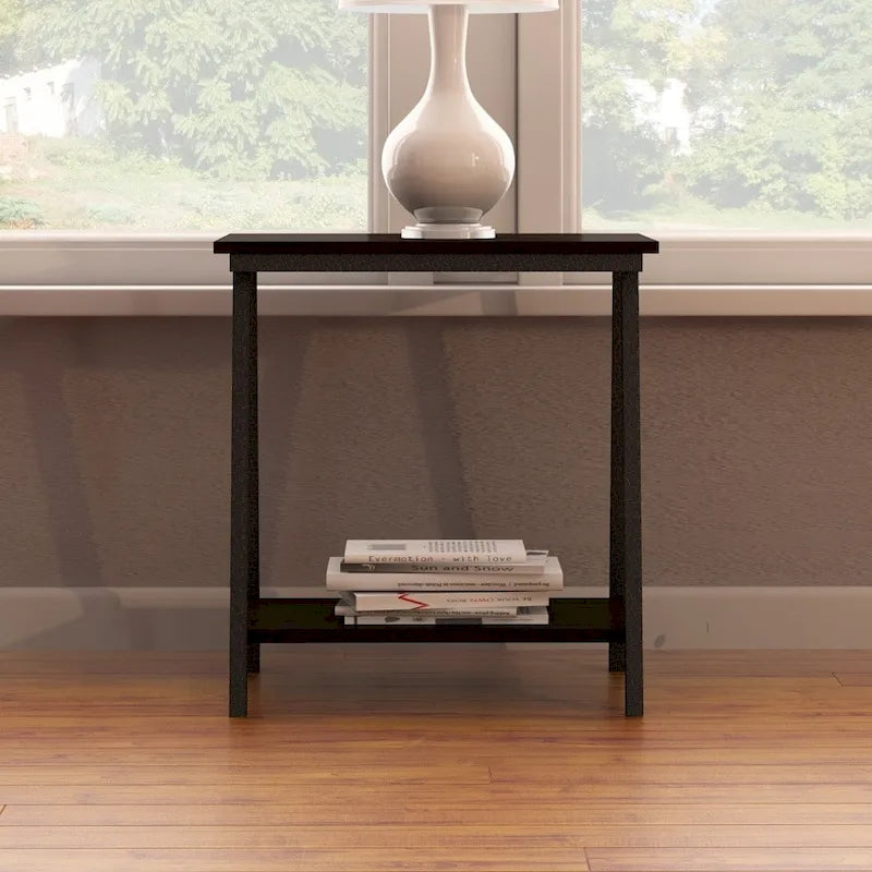 Narrow Wood Side Table with Metal Frame and Lower Shelf