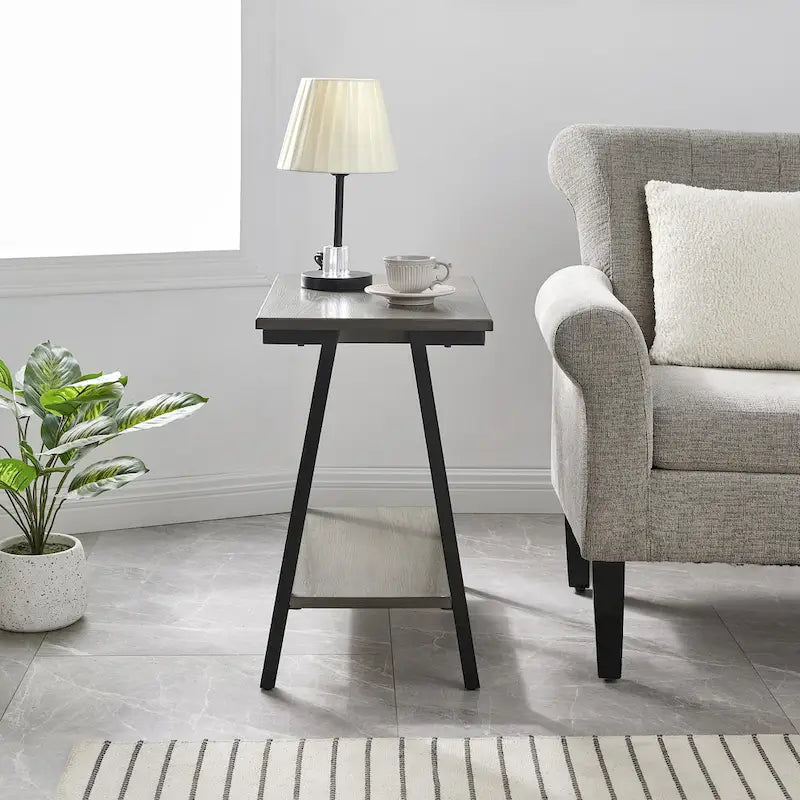 Narrow Wood Side Table with Metal Frame and Lower Shelf