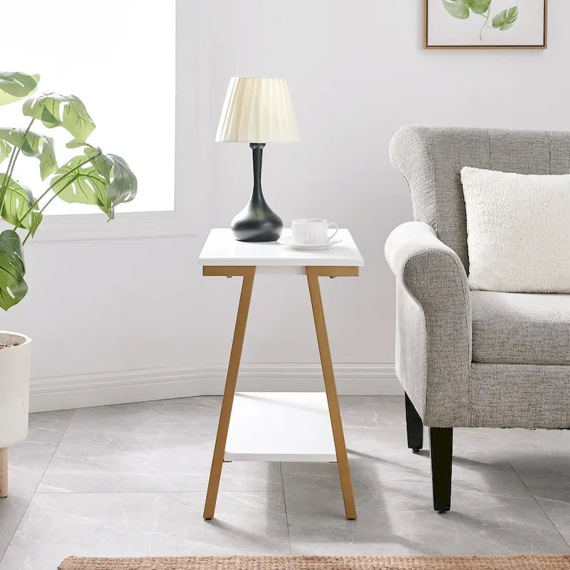 Narrow Wood Side Table with Metal Frame and Lower Shelf