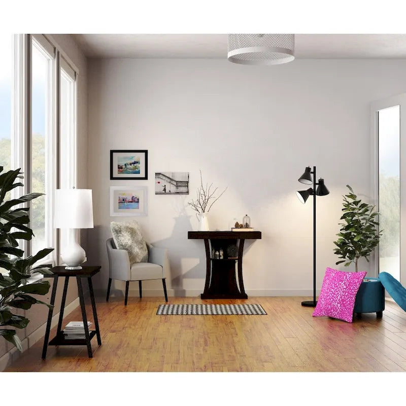 Narrow Wood Side Table with Metal Frame and Lower Shelf