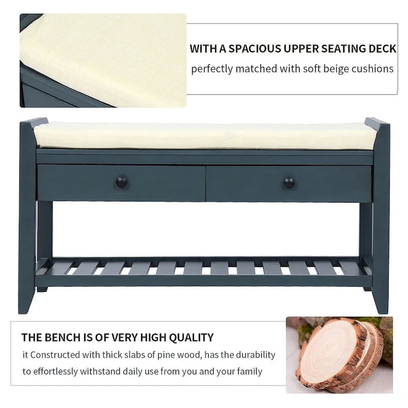 Wooden Storage Bench with Shoe Rack and Drawers