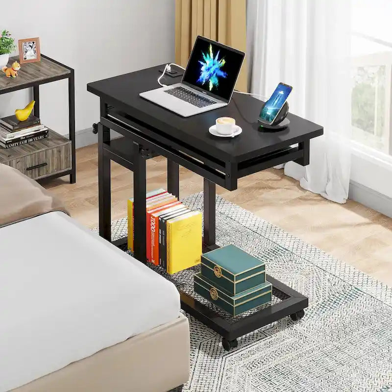 Bureau roulant réglable en hauteur avec prises et ports USB