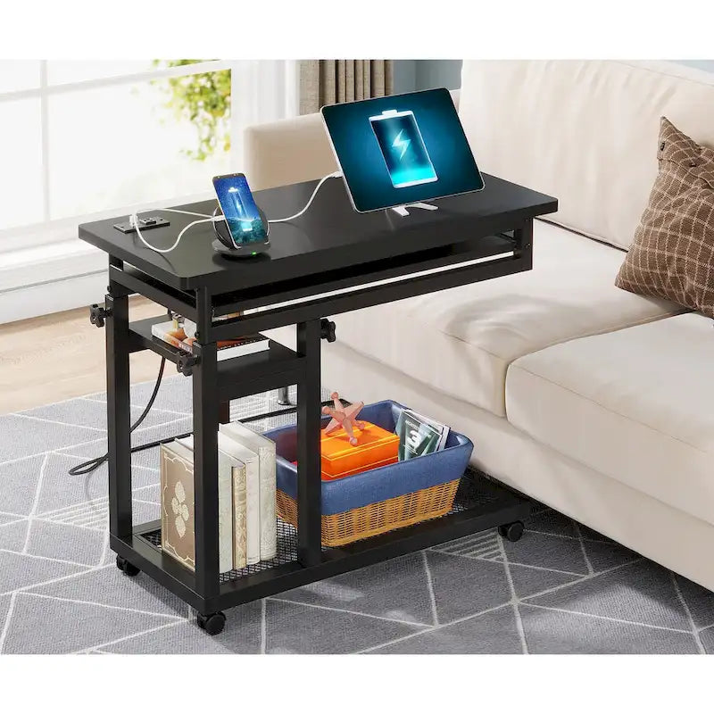 Height Adjustable Rolling Desk with Outlet and USB Ports