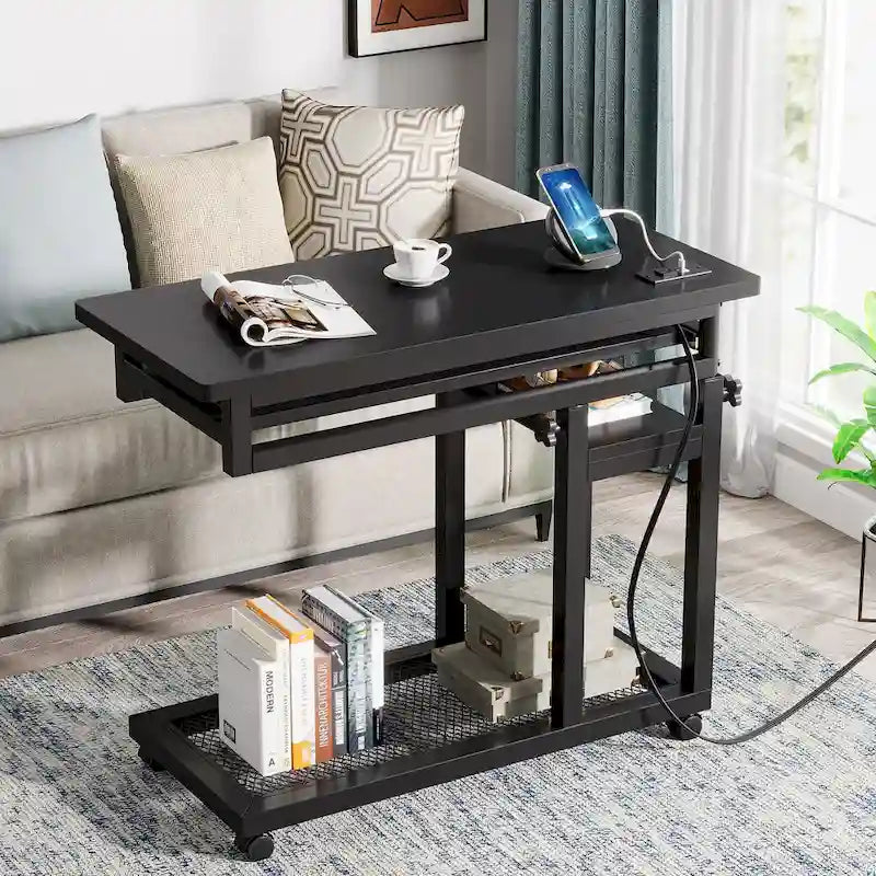 Height Adjustable Rolling Desk with Outlet and USB Ports