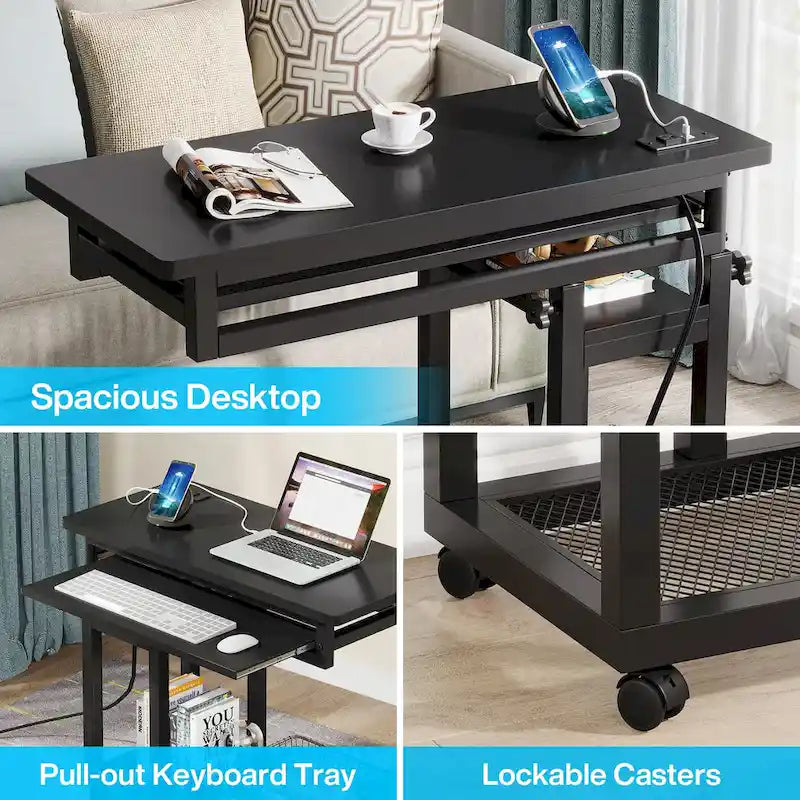 Height Adjustable Rolling Desk with Outlet and USB Ports