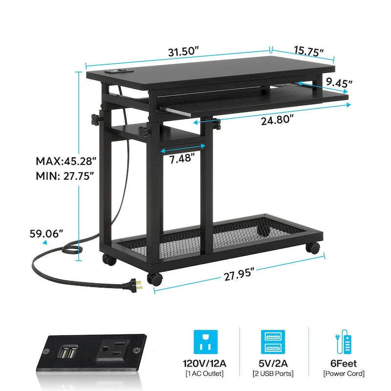 Height Adjustable Rolling Desk with Outlet and USB Ports