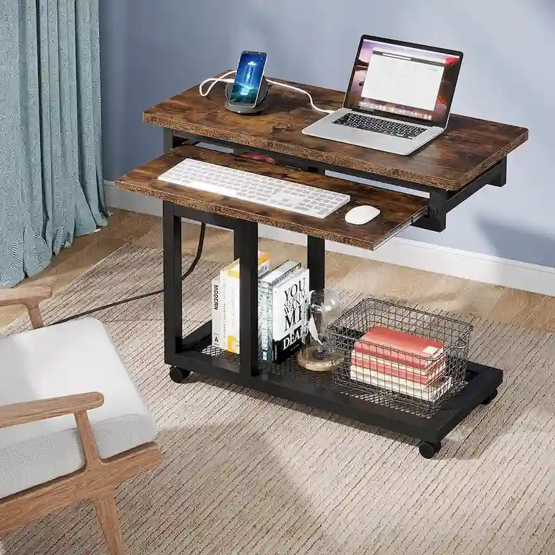 Height Adjustable Rolling Desk with Outlet and USB Ports