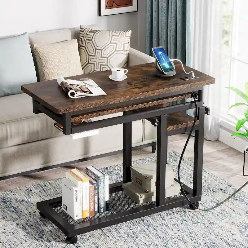 Height Adjustable Rolling Desk with Outlet and USB Ports