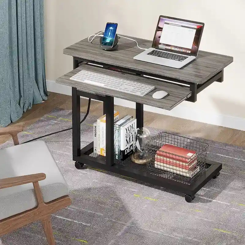 Height Adjustable Rolling Desk with Outlet and USB Ports