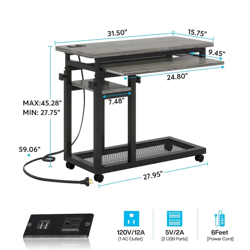 Height Adjustable Rolling Desk with Outlet and USB Ports