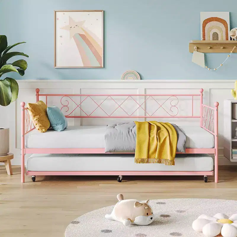 Whizmax Twin Metal Daybed with Trundle, Space Saving Trundle Sofa Bed for Living Room, Bedroom and Guest Room