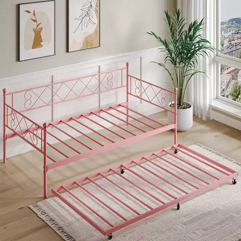 Whizmax Twin Metal Daybed with Trundle, Space Saving Trundle Sofa Bed for Living Room, Bedroom and Guest Room