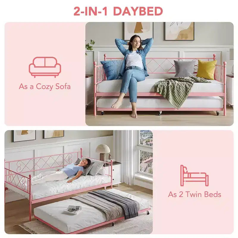 Whizmax Twin Metal Daybed with Trundle, Space Saving Trundle Sofa Bed for Living Room, Bedroom and Guest Room